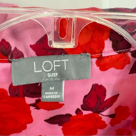 Loft Pajamas Red Pink 2 piece set Satin Woman’s Size Medium Floral collared - Picture 4 of 9